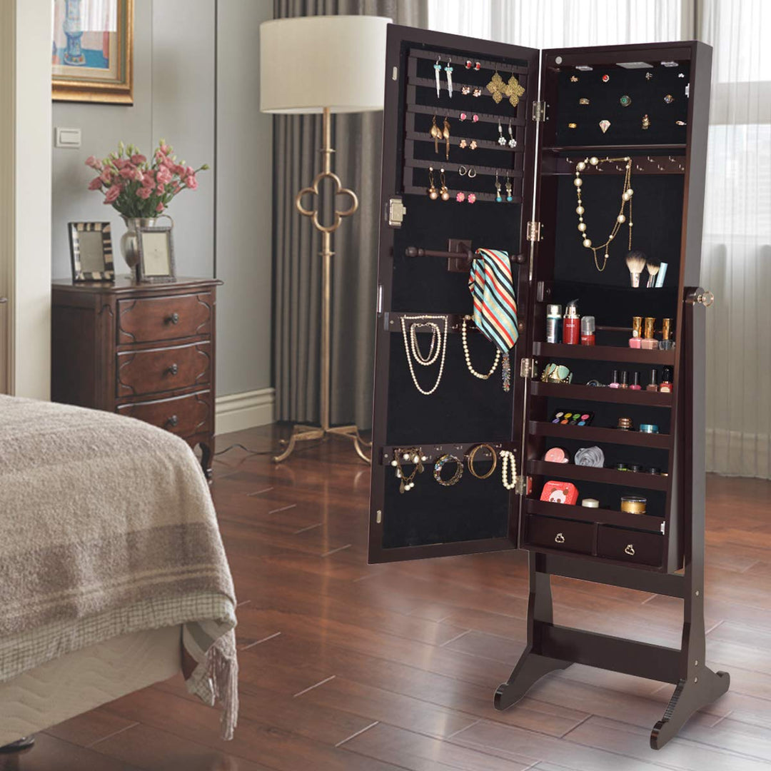 Giantex 57.5"H 2 LEDs Standing Jewelry Cabinet with Full Length Mirror with 2 Drawers, 4 Adjustable Angles, Jewelry Storage Organizer