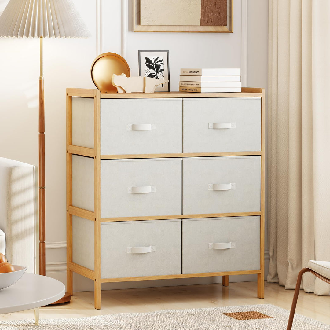 Giantex White Dresser for Bedroom Bamboo 6 Fabric Drawers Storage Tower with Top Shelf Giantex White Dresser for Bedroom Bamboo 6 Fabric Drawers Storage Tower with Top Shelf