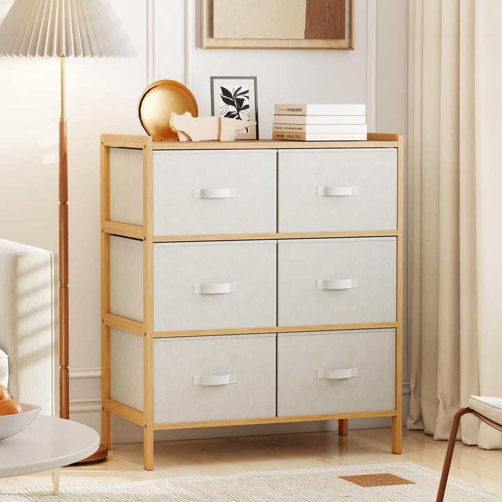 Giantex White Dresser for Bedroom Bamboo 6 Fabric Drawers Storage Tower with Top Shelf