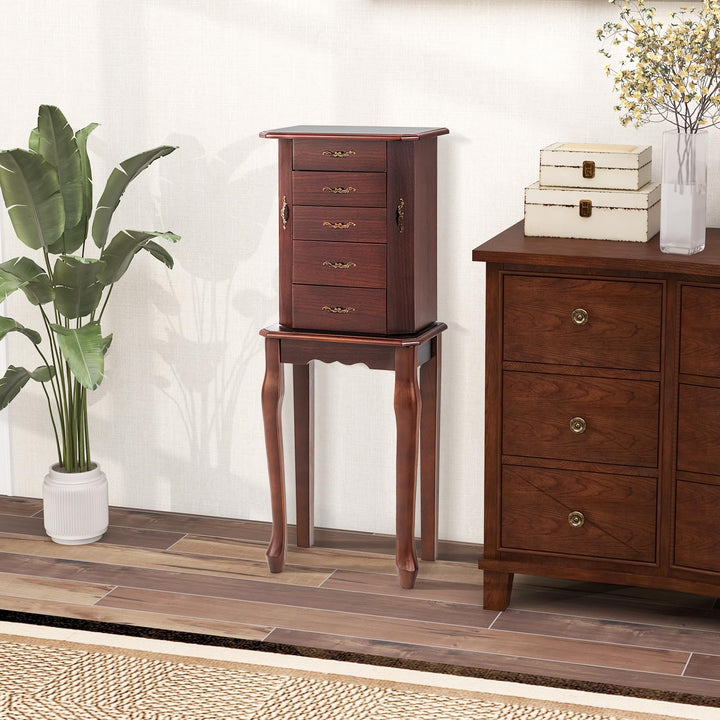 CHARMAID Standing Jewelry Organizer Cabinet with 4 Drawers, Top Storage Tray with Ring Slots, 2 Side Doors