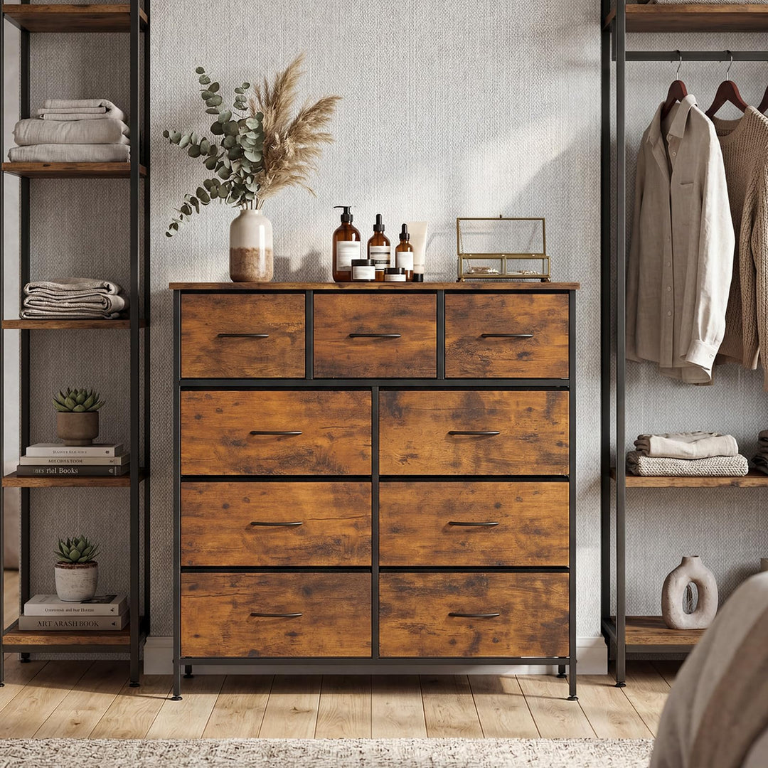 Giantex 9-Drawer Tall Fabric Storage Organizer Chest with Wooden Top &amp; Sturdy Metal Frame