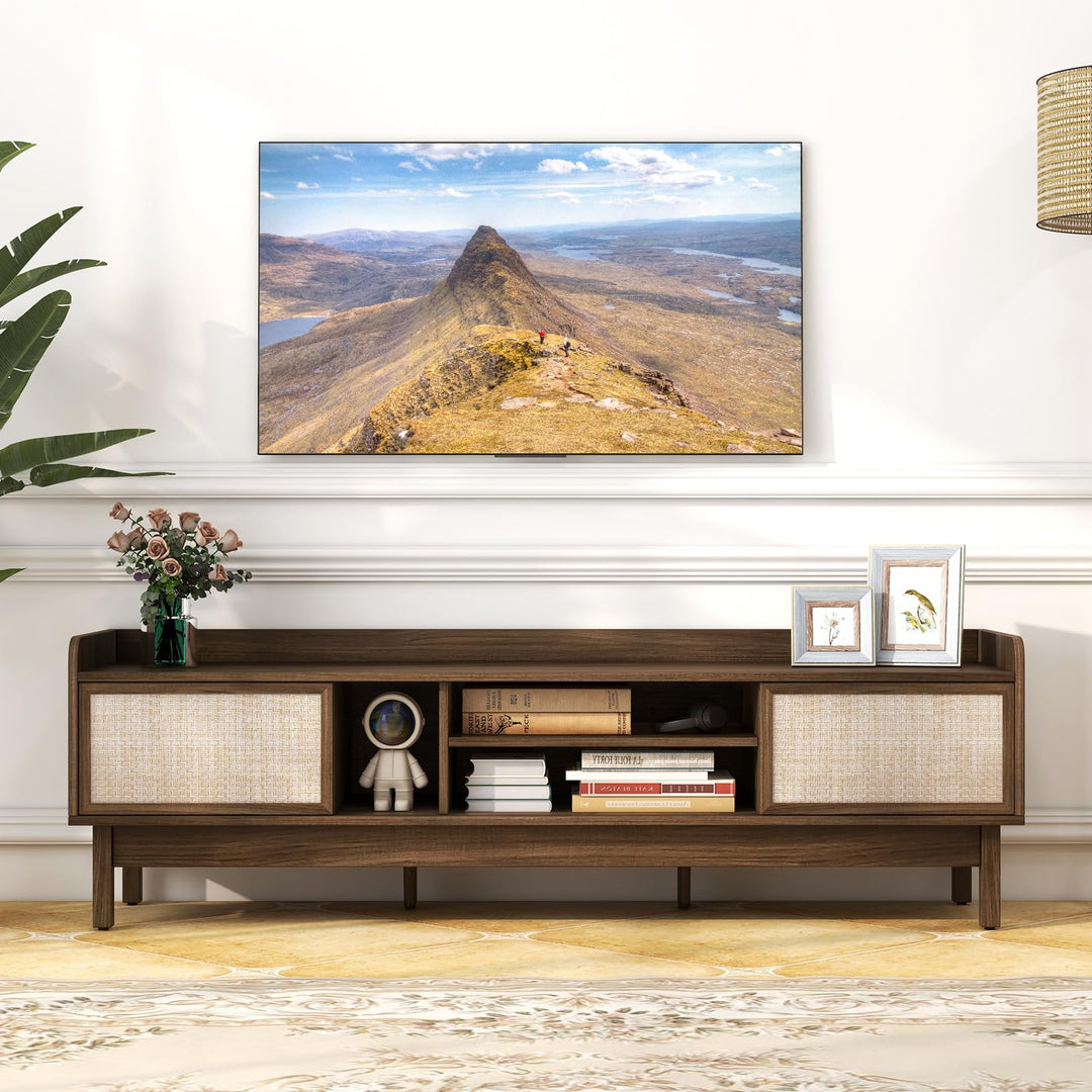 Giantex TV Stand for 65” TV, Entertainment Center with Woven Doors, Sliding Door, Adjustable Shelf & Compartment
