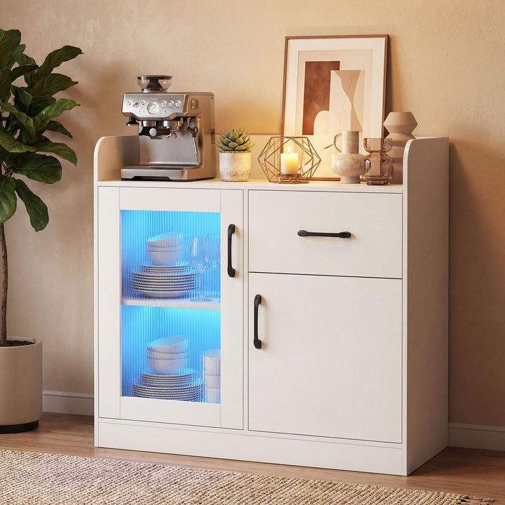 Giantex RGB LED Buffet Sideboard | White Kitchen Storage Cabinet with Charging Station