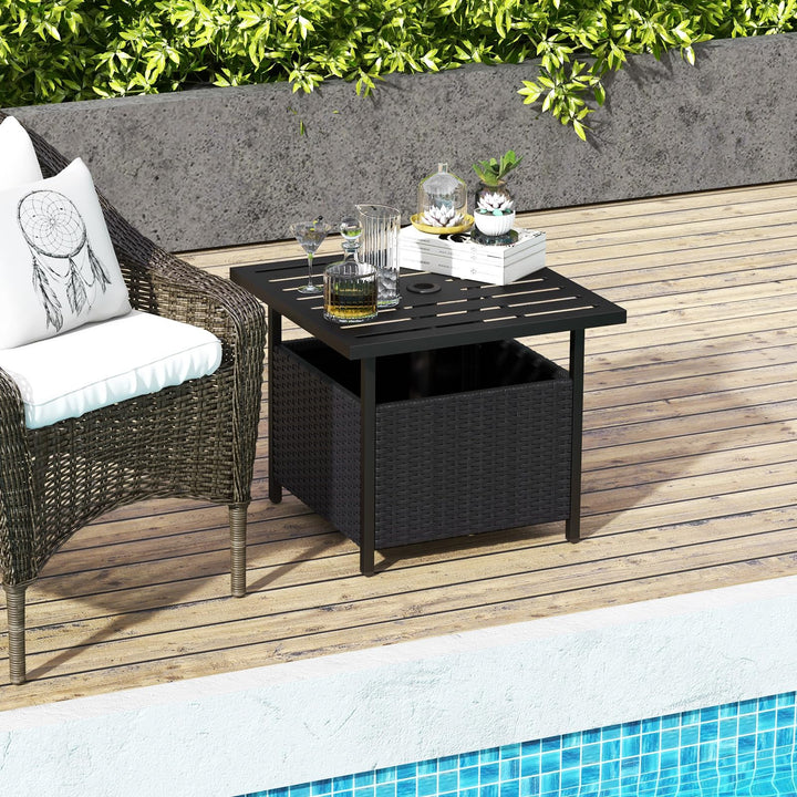Buy Outdoor PE Rattan Side Table with Umbrella Hole Giantex