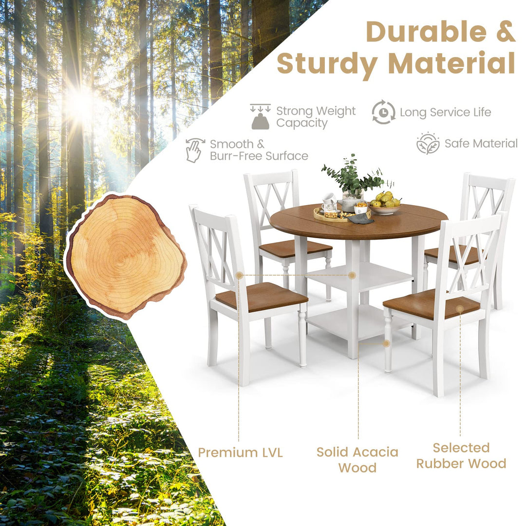 rubber tree dining table Giantex Dining Table Set for 4 w/Drop Leaf Round Kitchen Table & 4 Chairs, Dining Room Table w/Storage