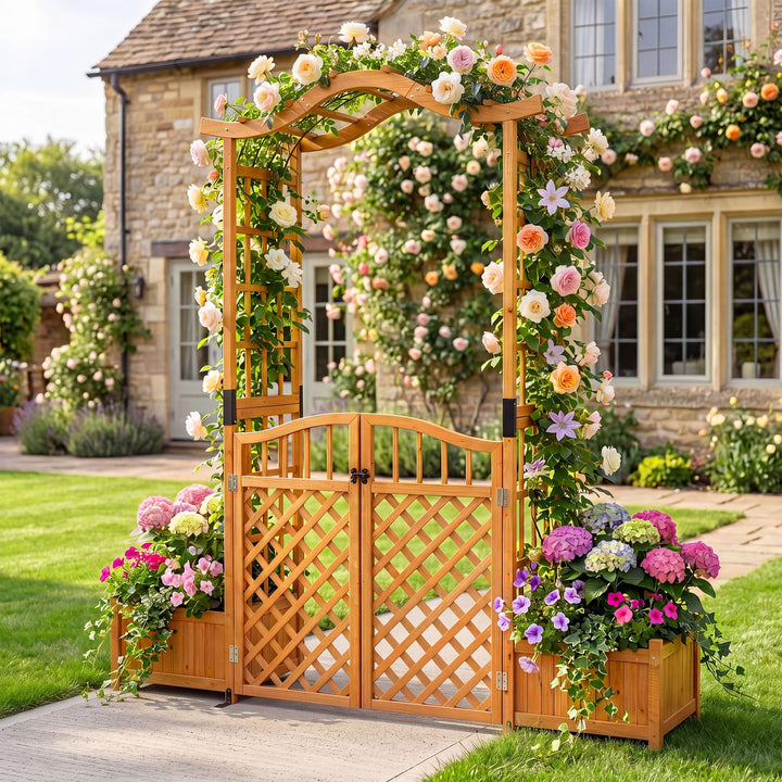 Giantex 83" Wooden Garden Arbor with Gate and 2 Planter Boxes