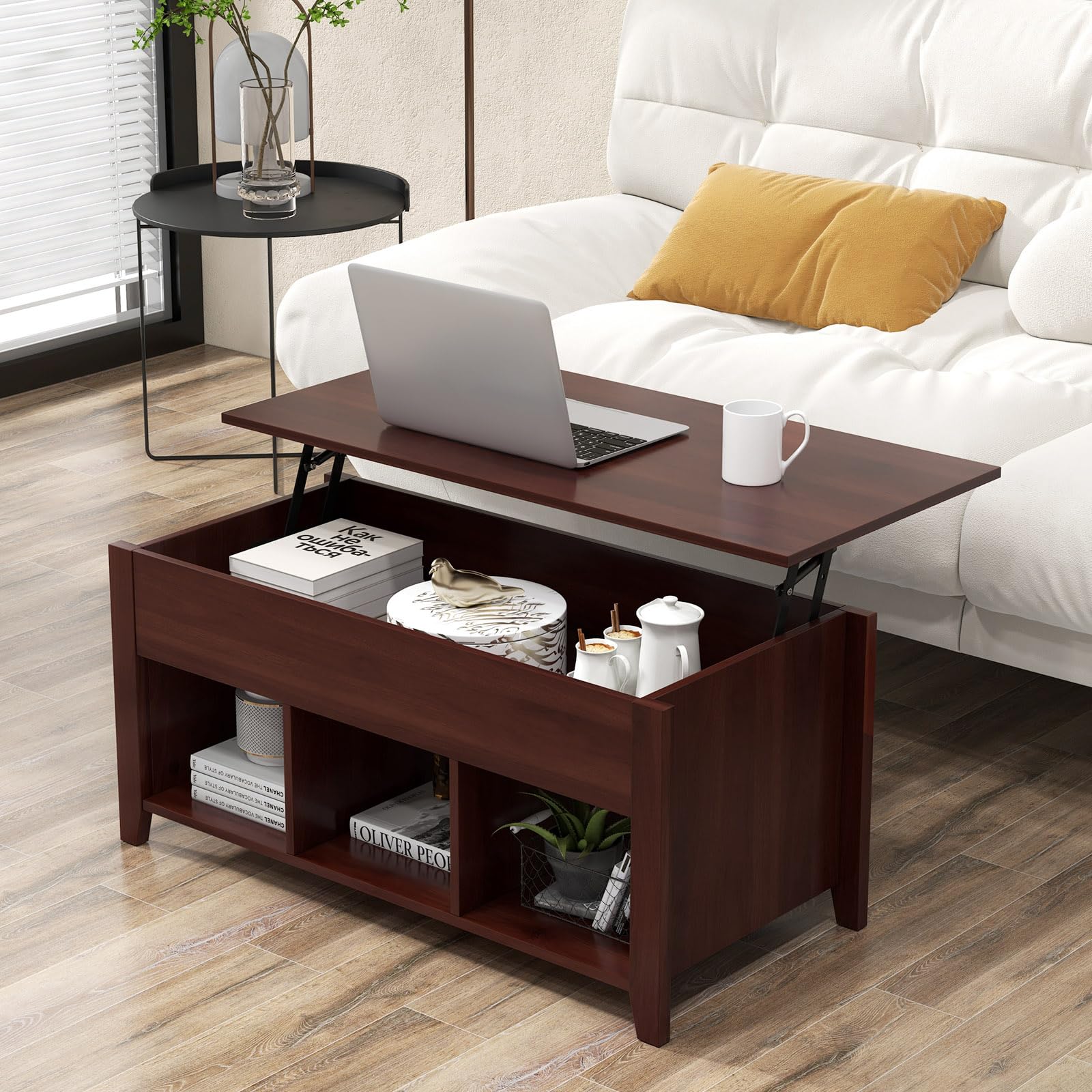 Giantex Lift Top Coffee Table - Rectangular Wooden Table w/Hidden Compartment & Open Storage Shelves