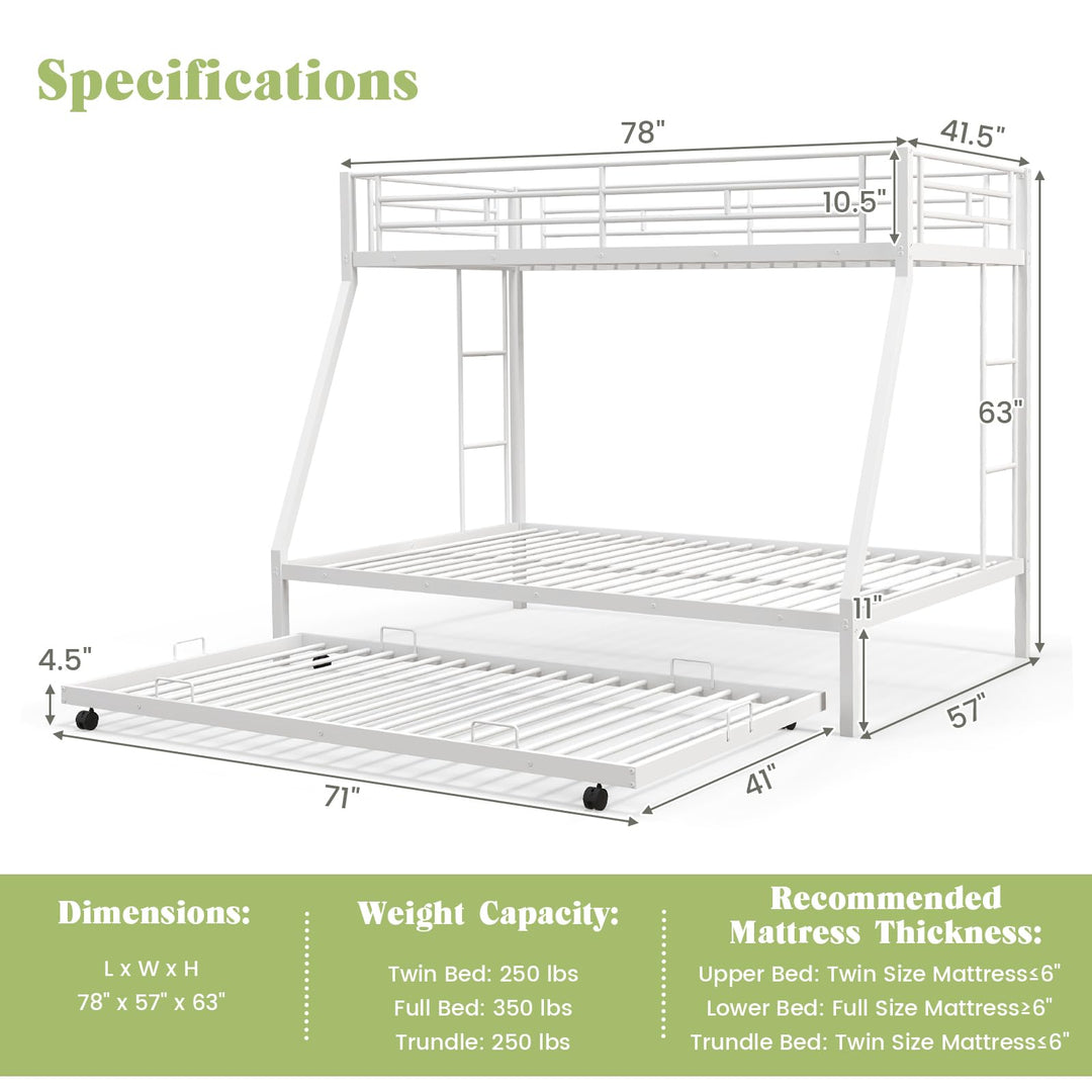 Giantex Twin Over Full Bunk Bed with Trundle, Heavy-Duty Metal Triple Bunk Beds