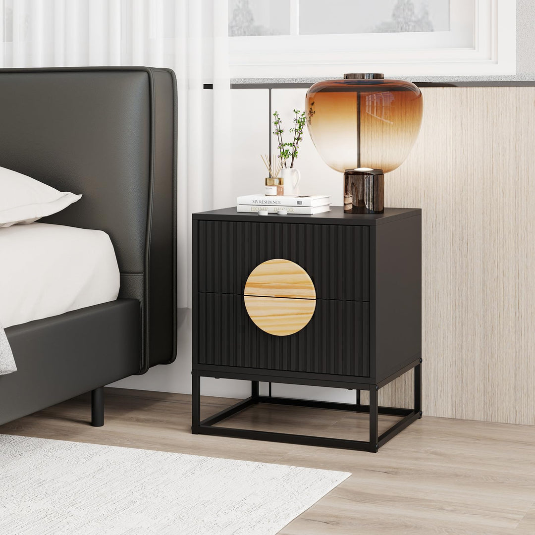Giantex Fluted Nightstand with 2 Drawers with Natural Circle Handle & Metal Frame