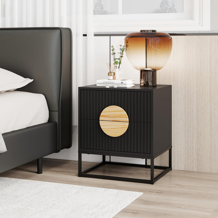 Giantex Fluted Nightstand with 2 Drawers with Natural Circle Handle & Metal Frame