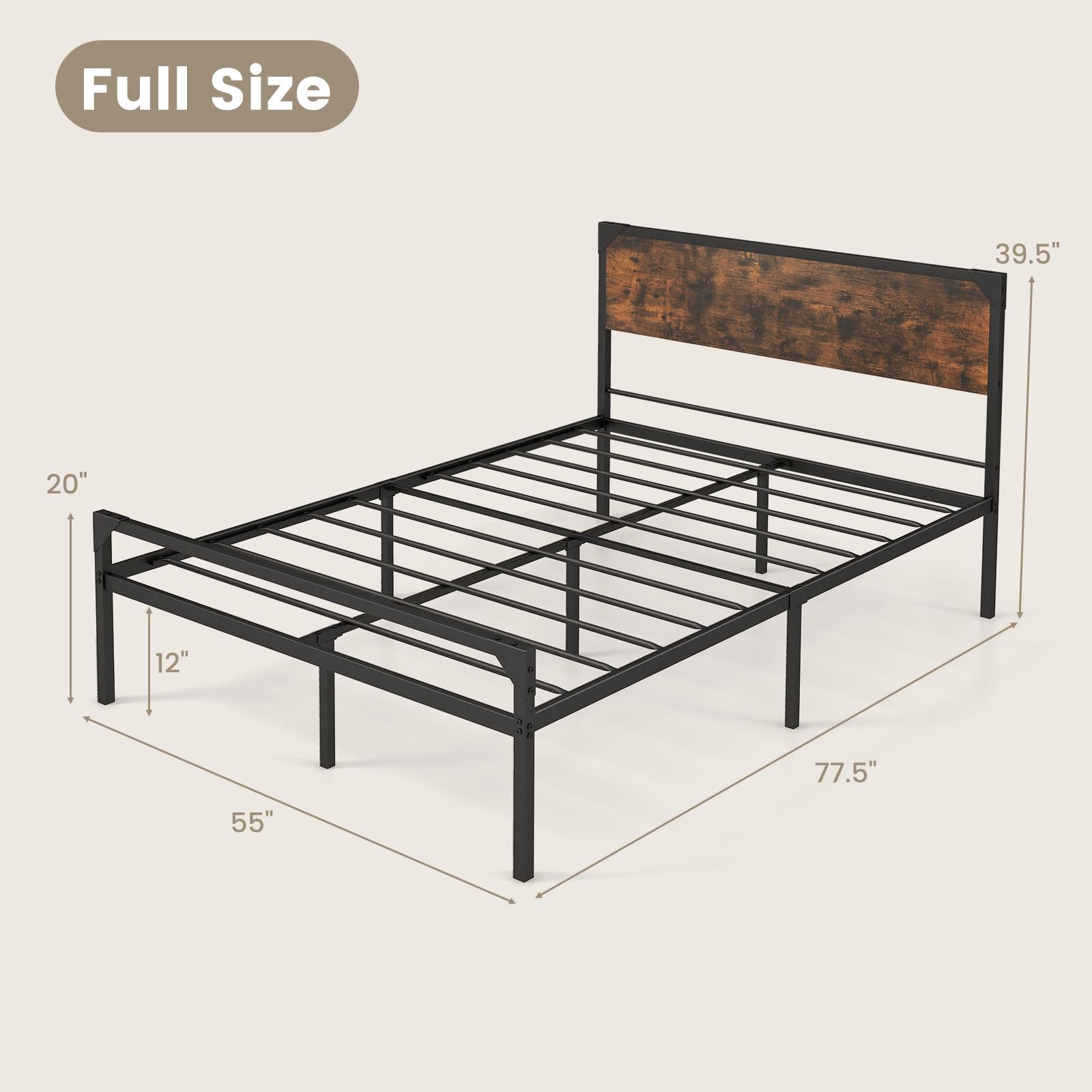 Giantex Full Size Bed Frame with Rustic Headboard & Footboard, Strong Metal Slat Support Mattress Foundation