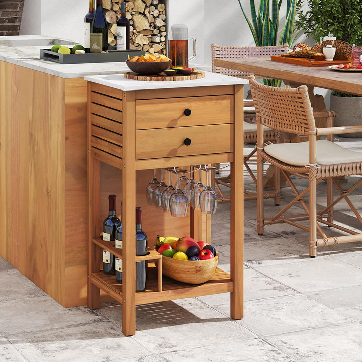 Giantex Acacia Wood Outdoor Side Table with Faux Marble Countertop, 2 Drawers