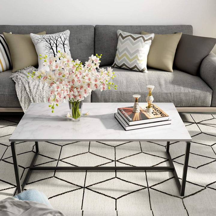 Giantex Coffee Accent Tea Table | Steel Metal Pine Frame Tables W/Faux Marble Top Cocktail Table