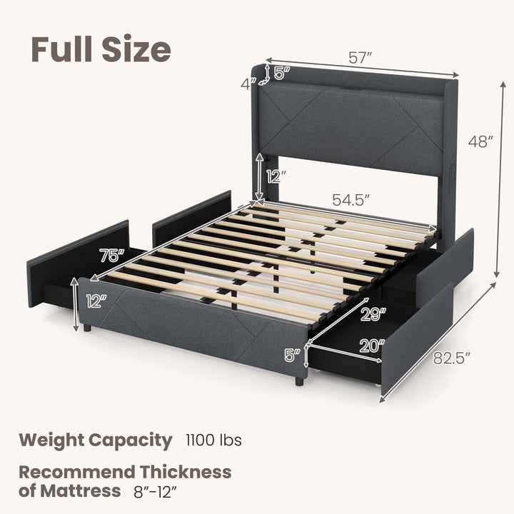 Giantex Full/Queen Size Bed Frame with 4 Storage Drawers & LED Lights, Headboard & Charging Station, Wooden Slats, Easy Assembly, Grey