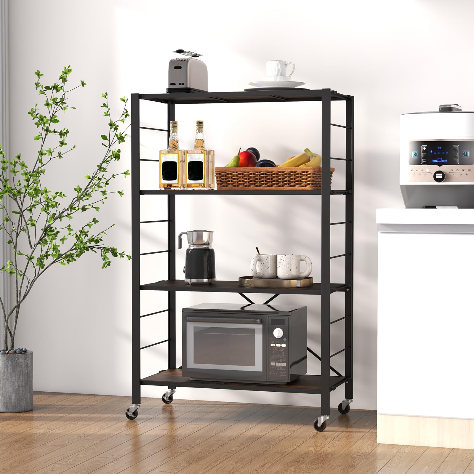 Giantex 4-Tier Folding Storage Shelf, Collapsible Shelving Unit w/Lockable Wheels & Adjustable Shelf
