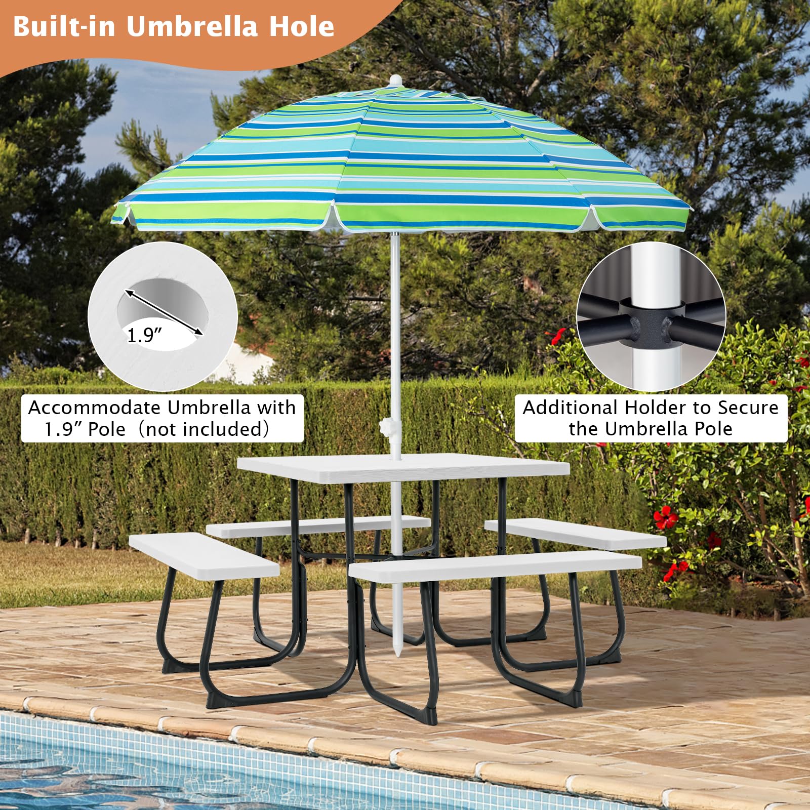 Giantex Picnic Table Set for 4-8 Persons, Outdoor Table and Bench Set with Umbrella Hole, HDPE Top & Metal Frame