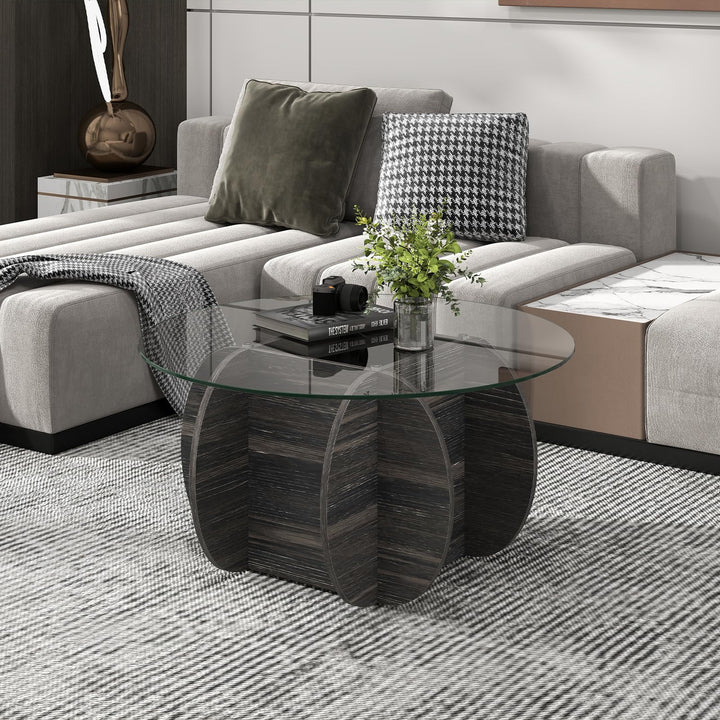 Giantex 35" Glass Round Coffee Table with Storage Tempered Glass Top & Solid Wood Base