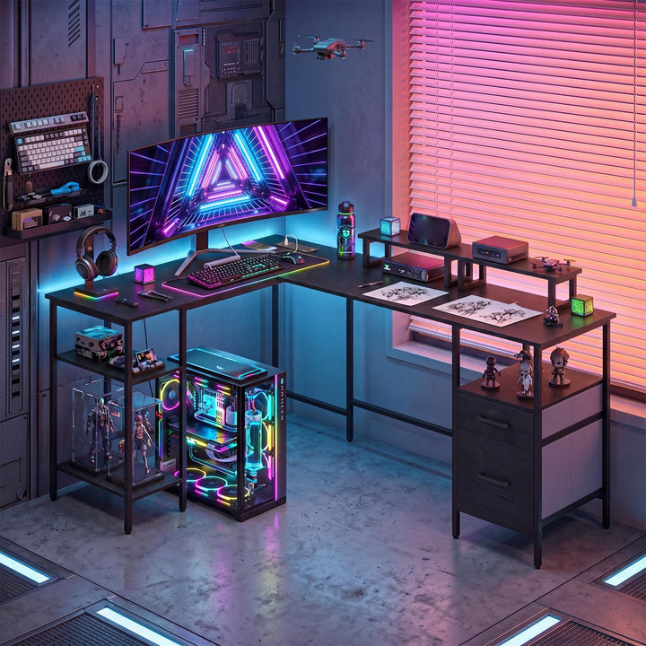 Giantex 63" Reversible L Shaped Desk with Charging Station