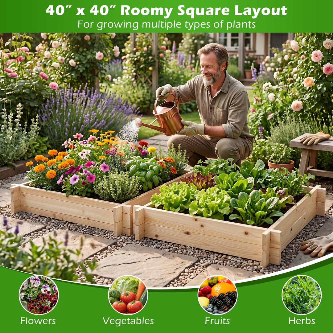 Giantex 40" x 40" Square Fir Wood Planter Box with Open-Ended Base for Vegetables Flowers Herbs