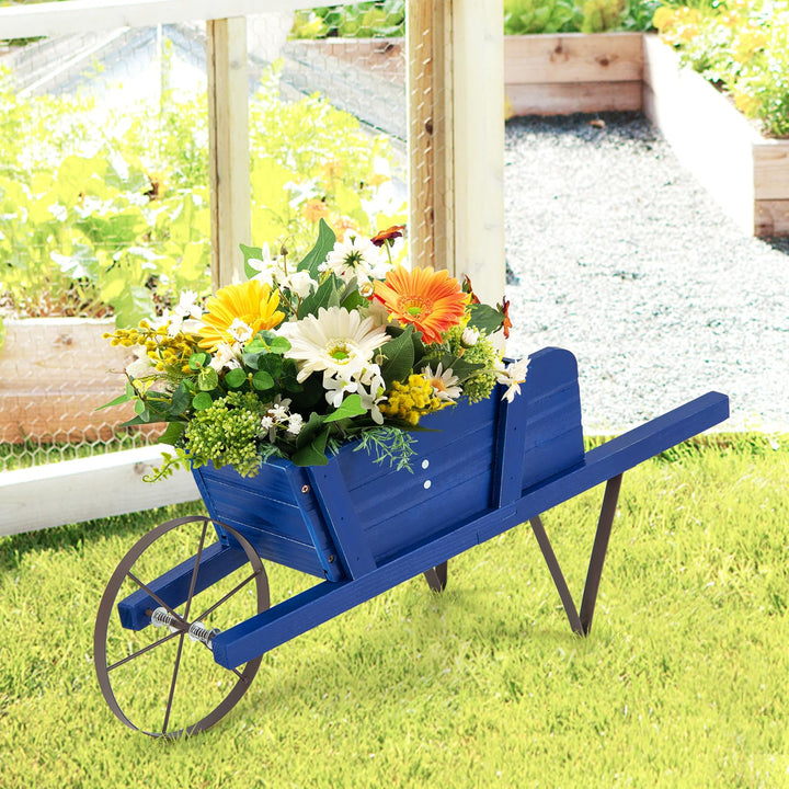 Giantex Wooden Wagon Planter, Small Wheelbarrow Wagon Flower, Indoor & Outdoor Raised Bed