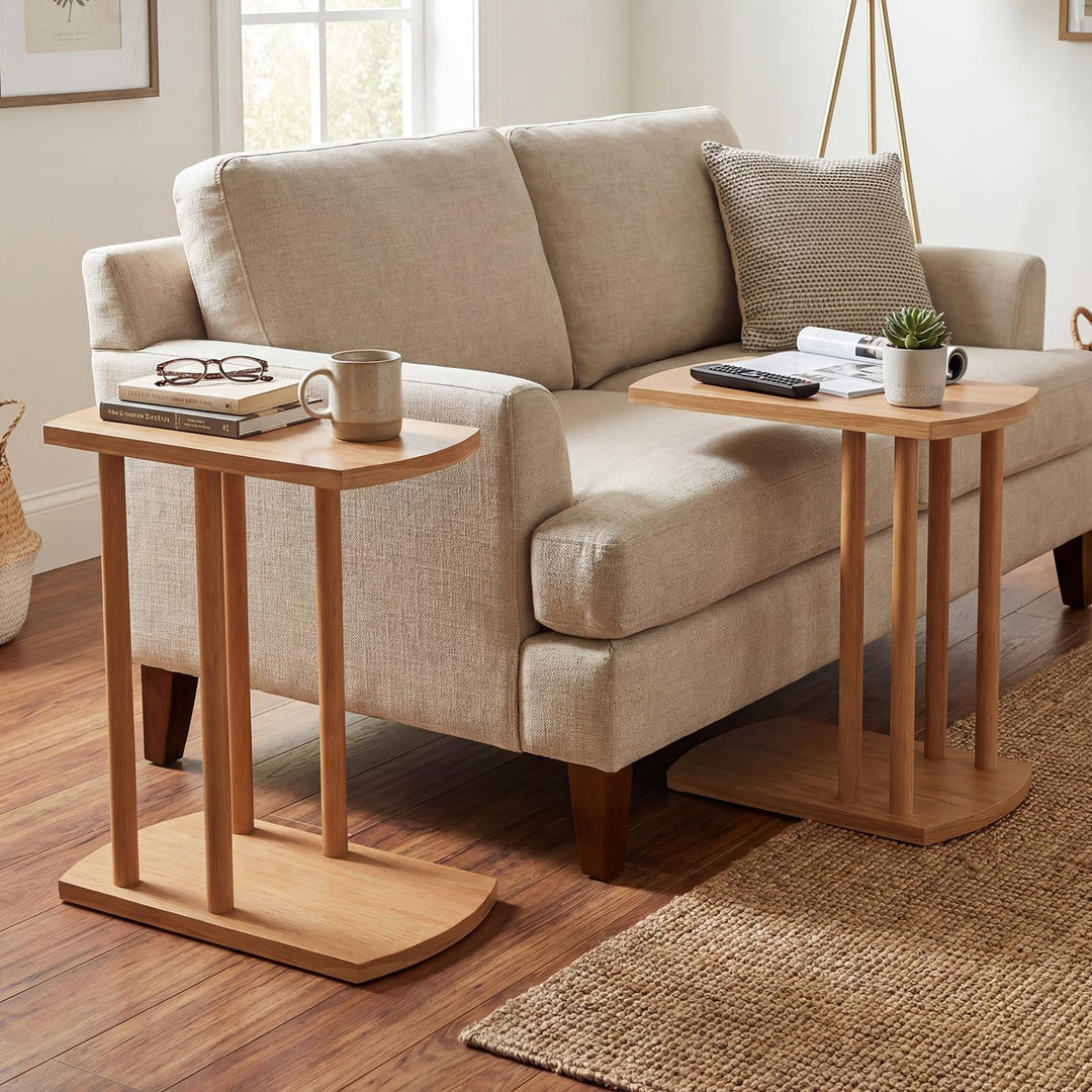 Giantex C-Shaped Teak Wood Side Table Set of 1/2 Narrow 2-Tier Couch Tables