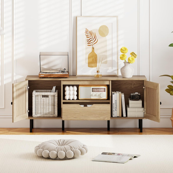 Giantex Boho TV Stand for 50-60 Inch TV with Storage Cabinets Drawer & PE Rattan Doors