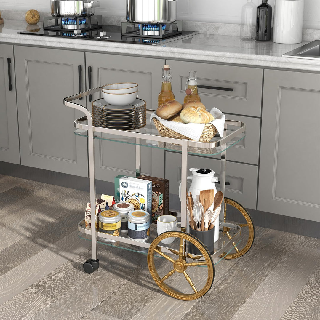 Giantex 2-Tier Bar Cart, Stylish Rolling Serving Cart w/Tempered Glass Shelves
