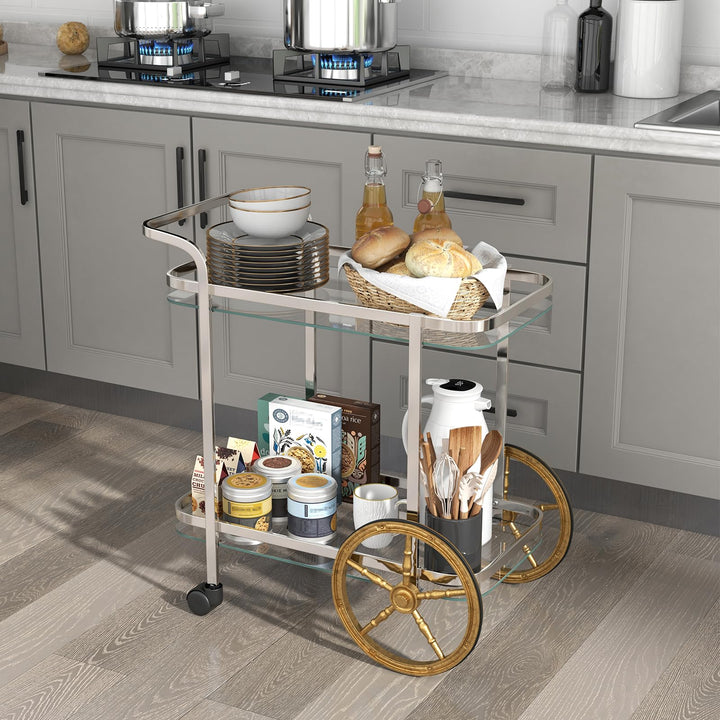 Giantex 2-Tier Bar Cart, Stylish Rolling Serving Cart w/Tempered Glass Shelves