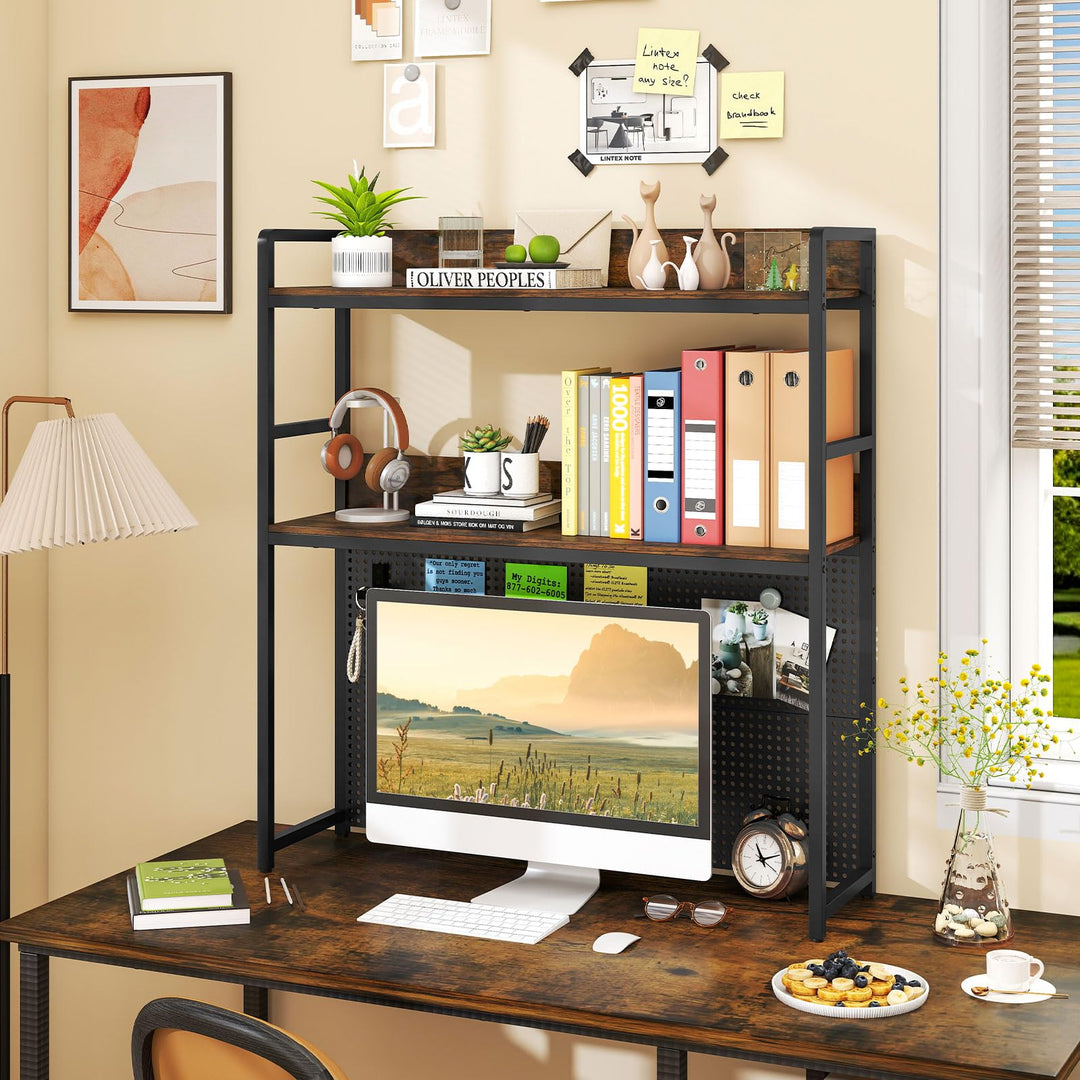 Giantex 2-Tier Desk Hutch Dorm with Pegboard for up to 32" Computer Monitor