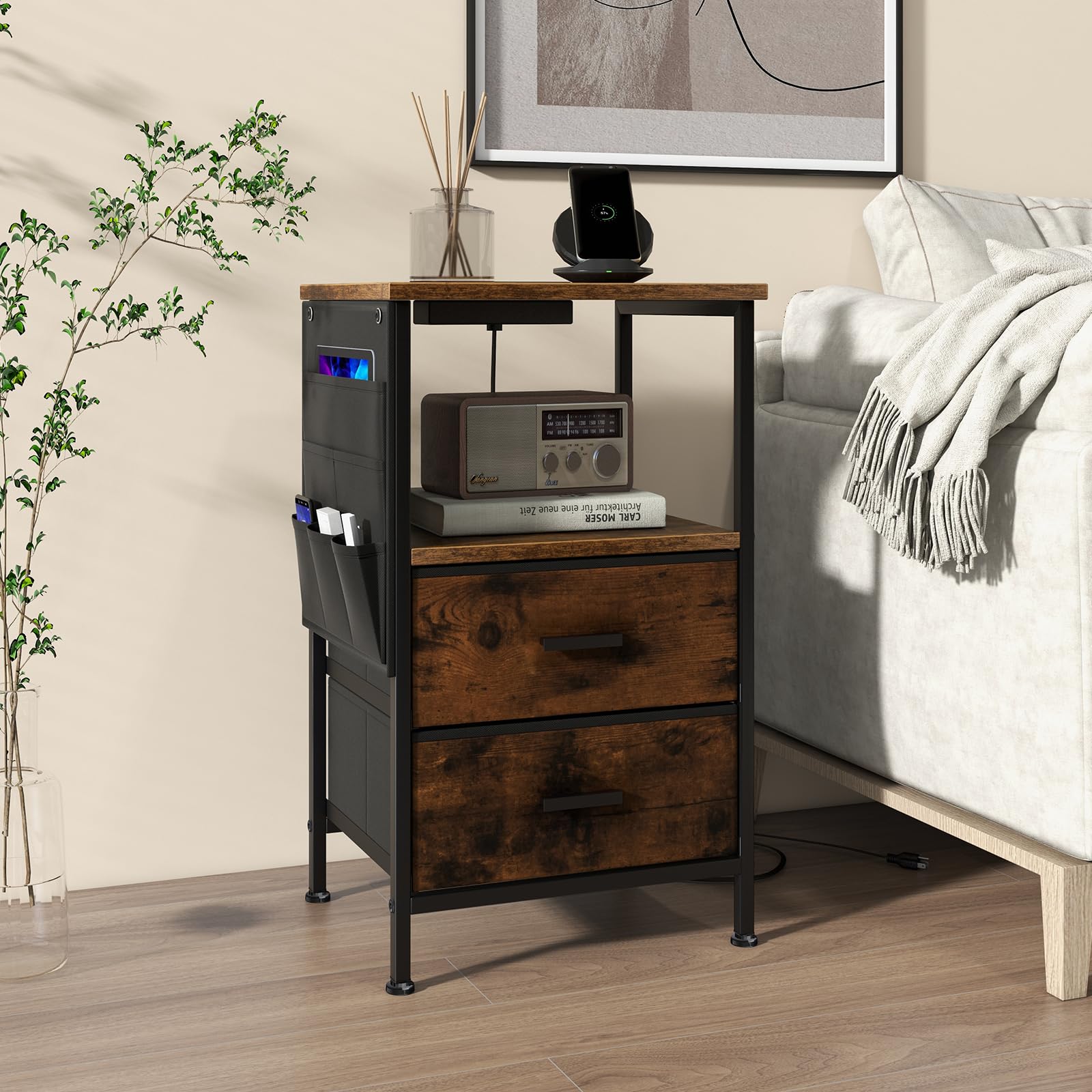 Giantex Nightstand with Charging Station, Industrial Bedside Table with 2 Fabric Drawers & 6 Storage Pockets