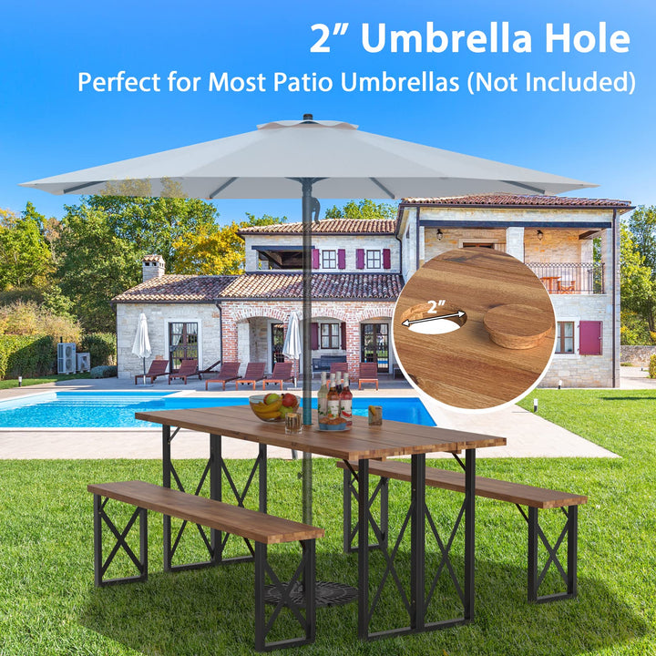 Giantex Outdoor Picnic Table Set with 2 Benches, Acacia Wood Patio Dining Table Set for 6 or 4 Persons, with 2” Umbrella Hole
