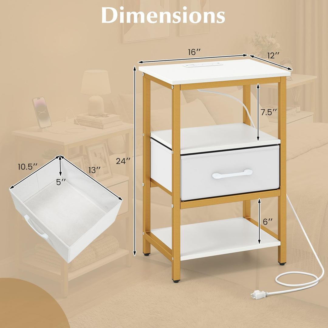 Giantex Nightstand with Charging Station and Adjustable Fabric Drawer for Bedroom and Living Room