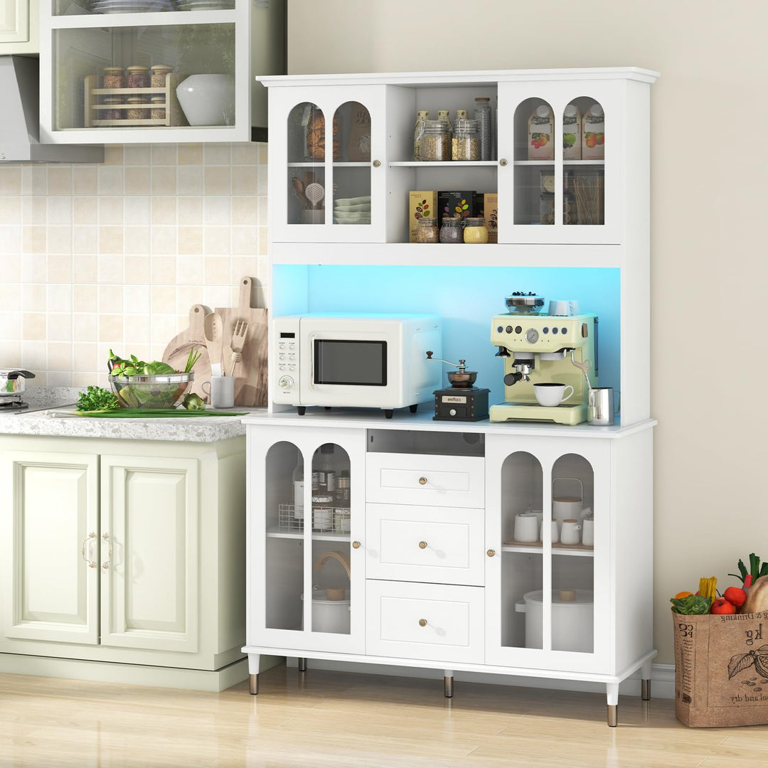 Giantex 73" Kitchen Pantry Cabinet, Kitchen Hutch Storage Cabinet with LED Lights and Charging Station