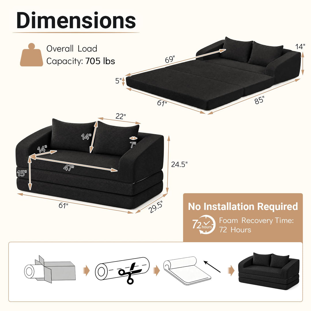 GIANTEX 61" Folding Sofa Bed | 2 in 1 Convertible Futon Couch with 2 Back Cushions