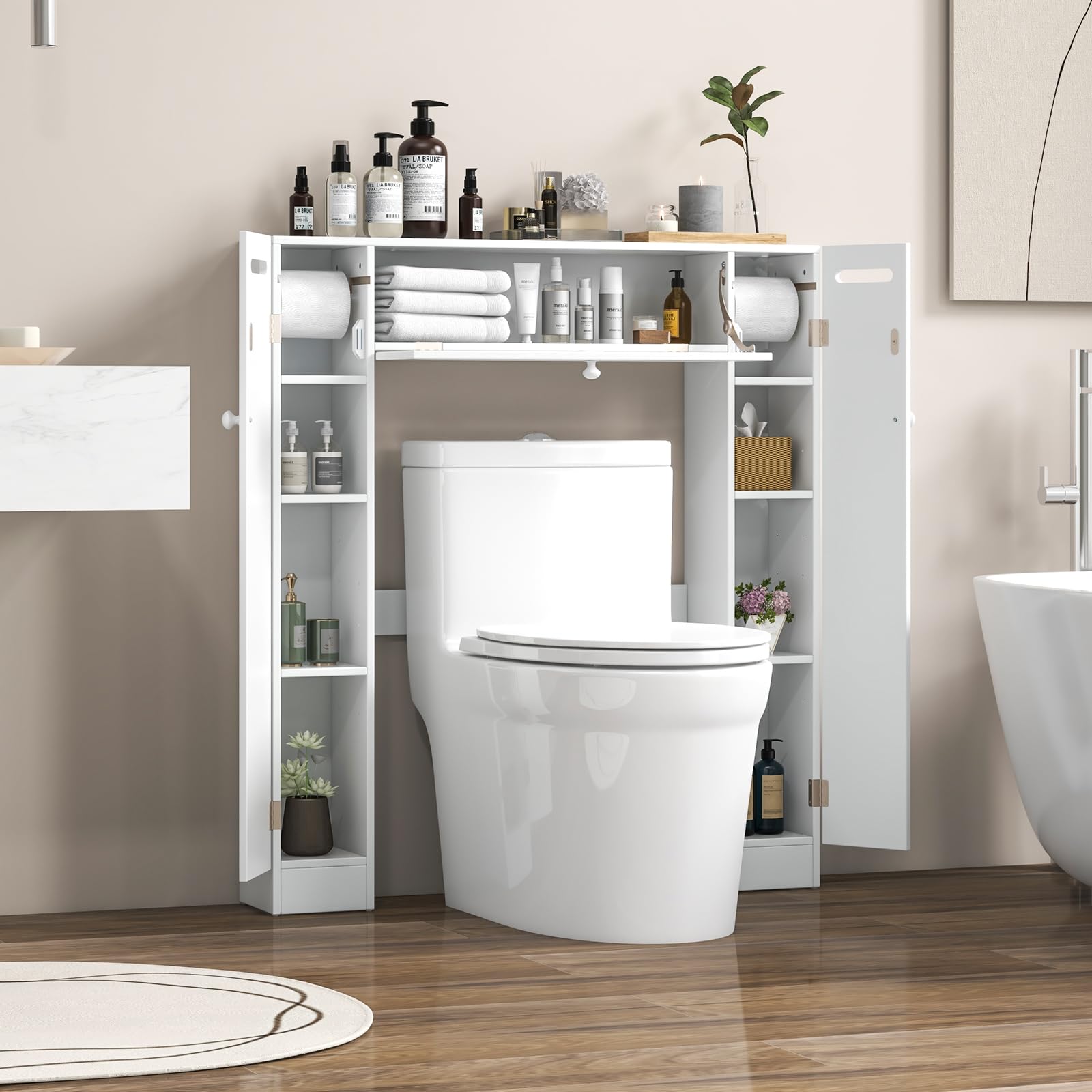 Over-The-Toilet Rack Bathroom Shelf Storage Cabinet Wooden Drop Door Freestanding Spacesaver Improvements, White