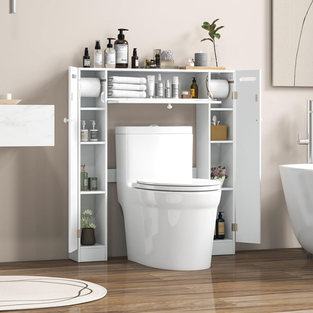 Over-The-Toilet Rack Bathroom Shelf Storage Cabinet Wooden Drop Door Freestanding Spacesaver Improvements, White