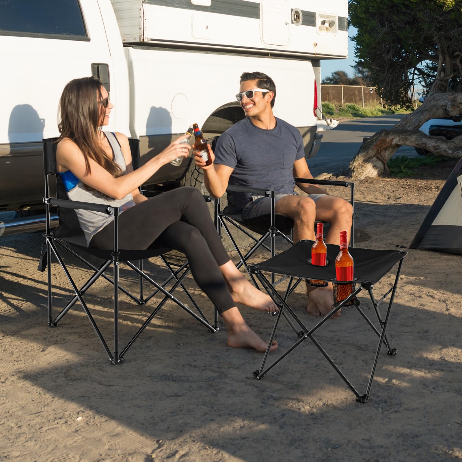 Giantex Camping Chair and Table Set - 3 Pack Folding Beach Chair with Side Table, 2 Cup Holders, Storage Pockets