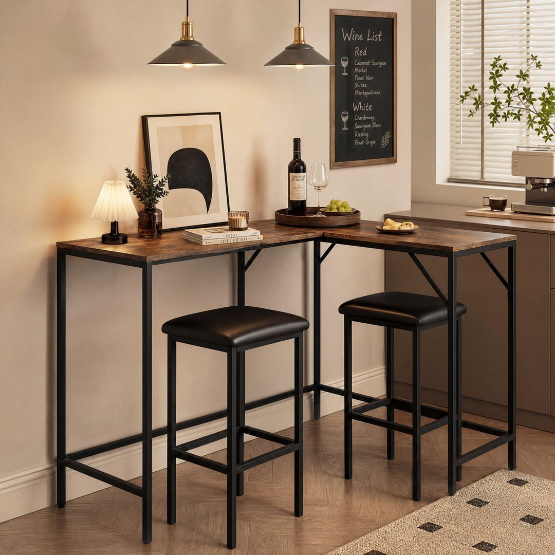 3-Piece Convertible L-Shaped Kitchen Table Chair Set with 2 AC Outlets  USB Port and Type-C Port