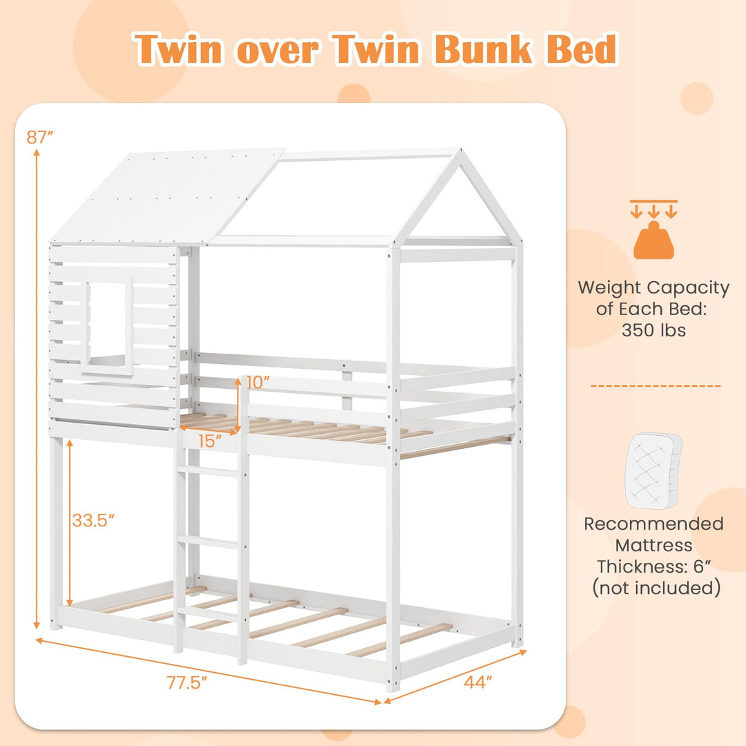 Giantex White Wood Bunk Bed Twin Over Twin with Ladder and Guardrail