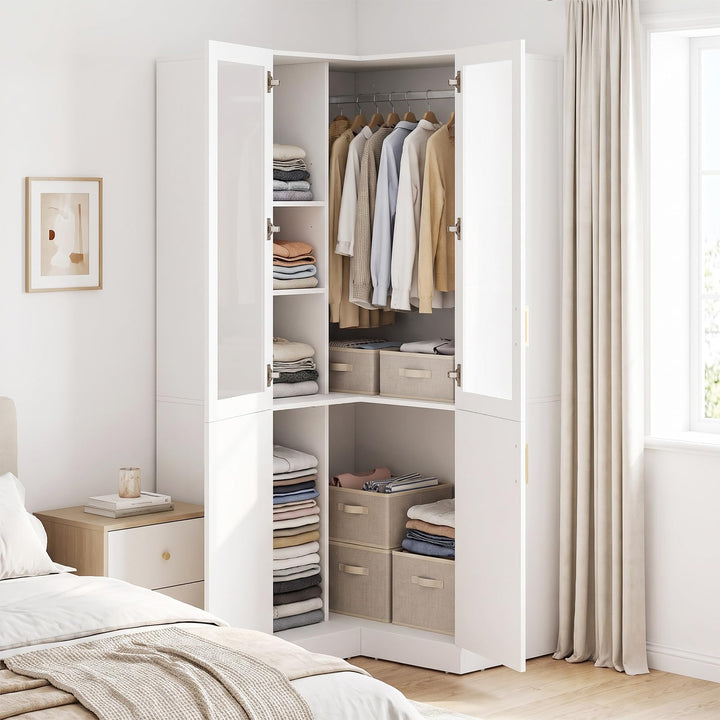 GIANTEX 70" L-shaped Armoire Wardrobe Closet with Glass Doors &amp; Adjustable Shelves