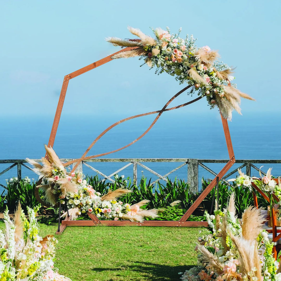 wooden wedding trellis Giantex Wooden Wedding Arch for Ceremony, 7 ft Heptagon Solid Wood Arbor for Wedding Backdrop Stand