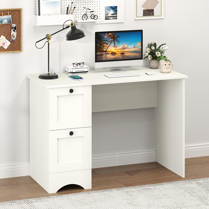 Giantex White Desk with 2 Drawers, 43” Wooden Home Office Desk with Charging Station