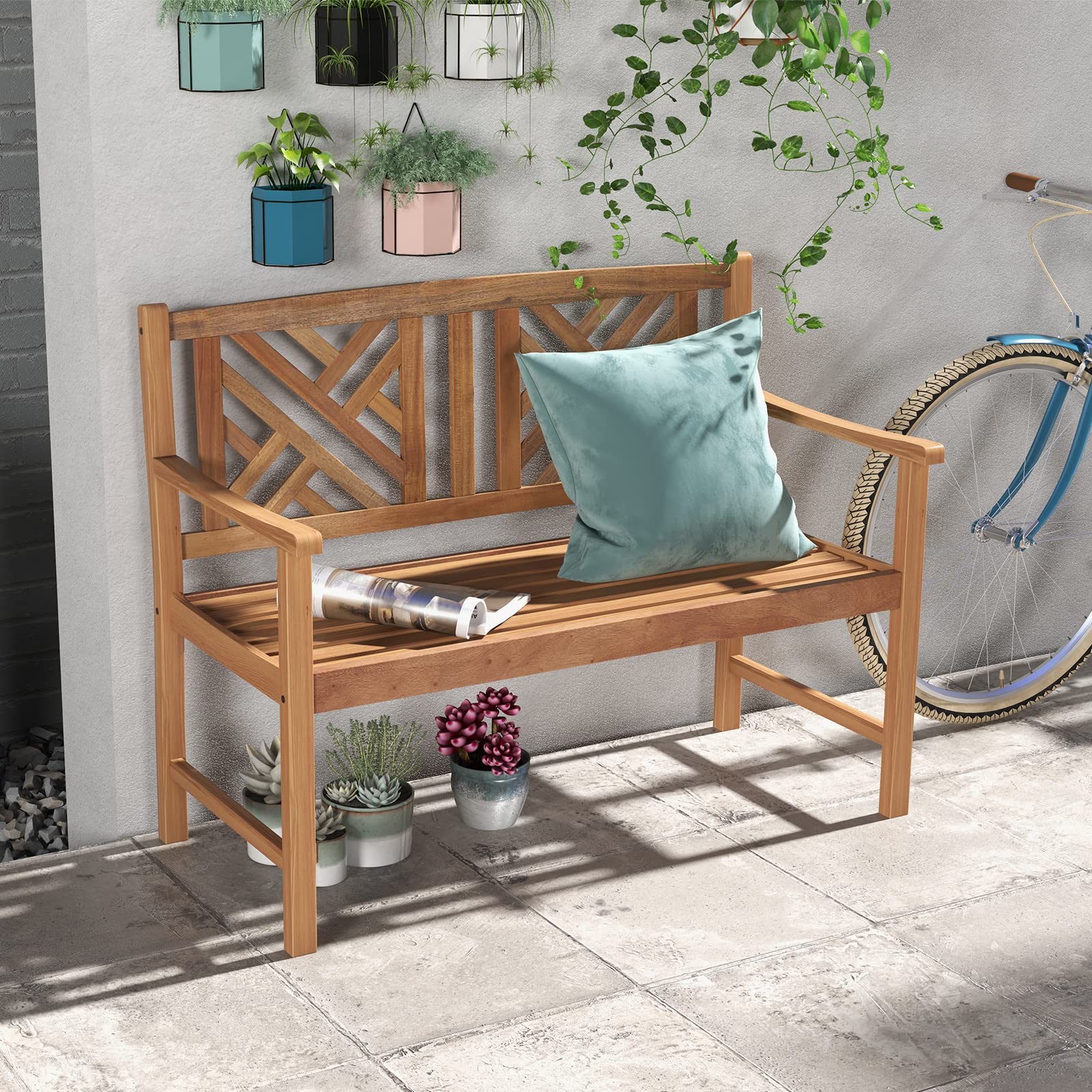 Giantex Outdoor Wooden Garden Bench - 2-Person Acacia Wood Bench, Front Porch Bench (Non-Foldable)