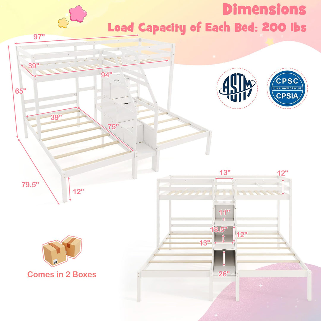 Giantex Twin Over Twin & Twin Bunk Bed, Triple Bunk Beds with 4-Step Storage Stair, Wooden 3 Bunk Beds for Kids Teens