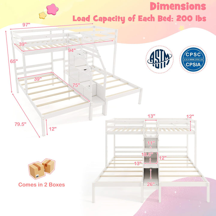 Giantex Twin Over Twin & Twin Bunk Bed, Triple Bunk Beds with 4-Step Storage Stair, Wooden 3 Bunk Beds for Kids Teens
