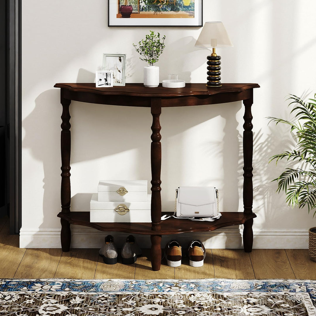 Giantex 42 Inch Half Moon Console Table with Shelf and Rubber Wood Legs