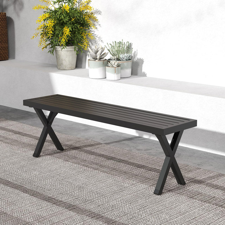 Giantex Outdoor Bench, Patio Metal Bench with Slatted Seat, X-Shaped Legs, 54" Outdoor Backless Loveseat, Load 800 LBS
