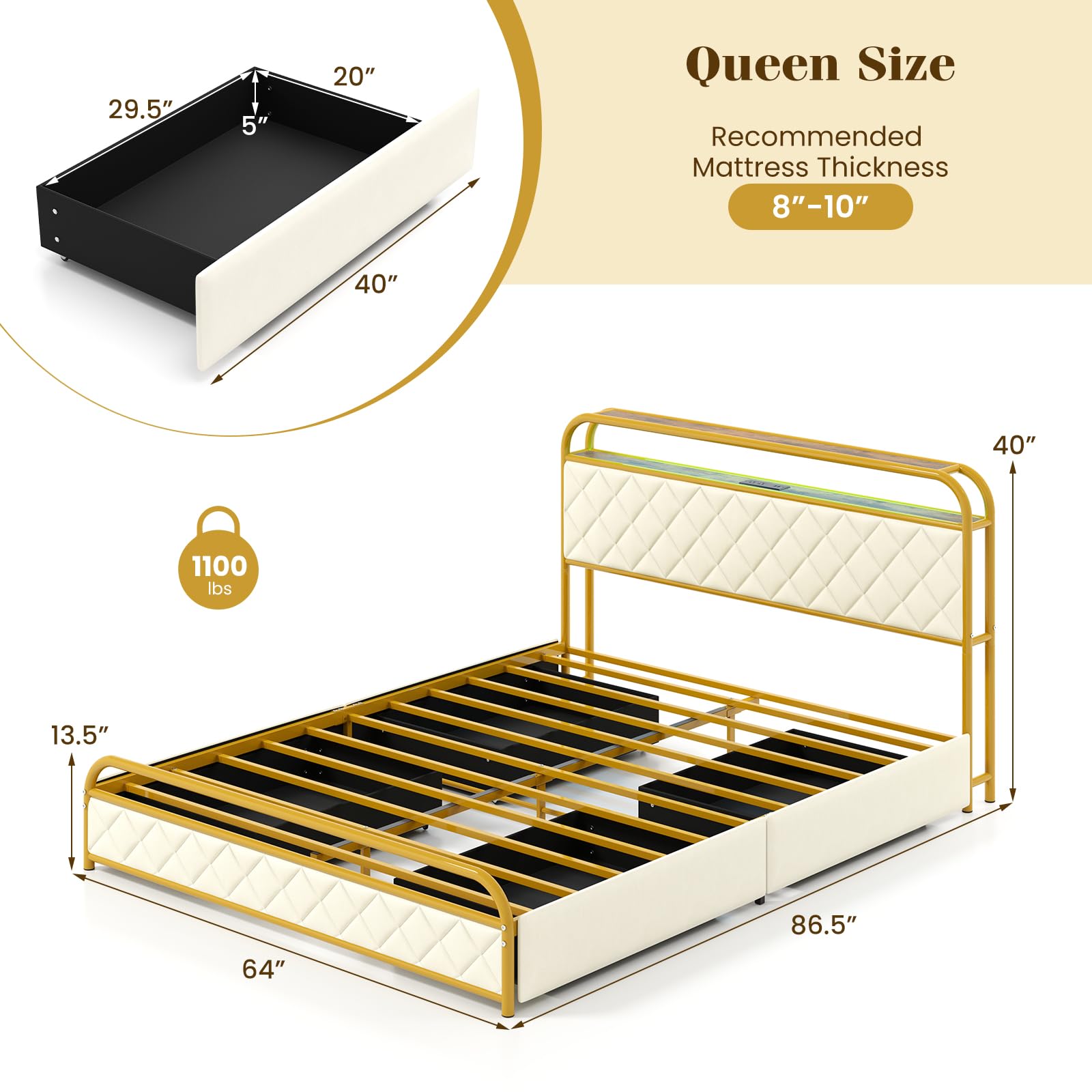 Giantex Bed Frame with 4 Storage Drawers and Charging Station