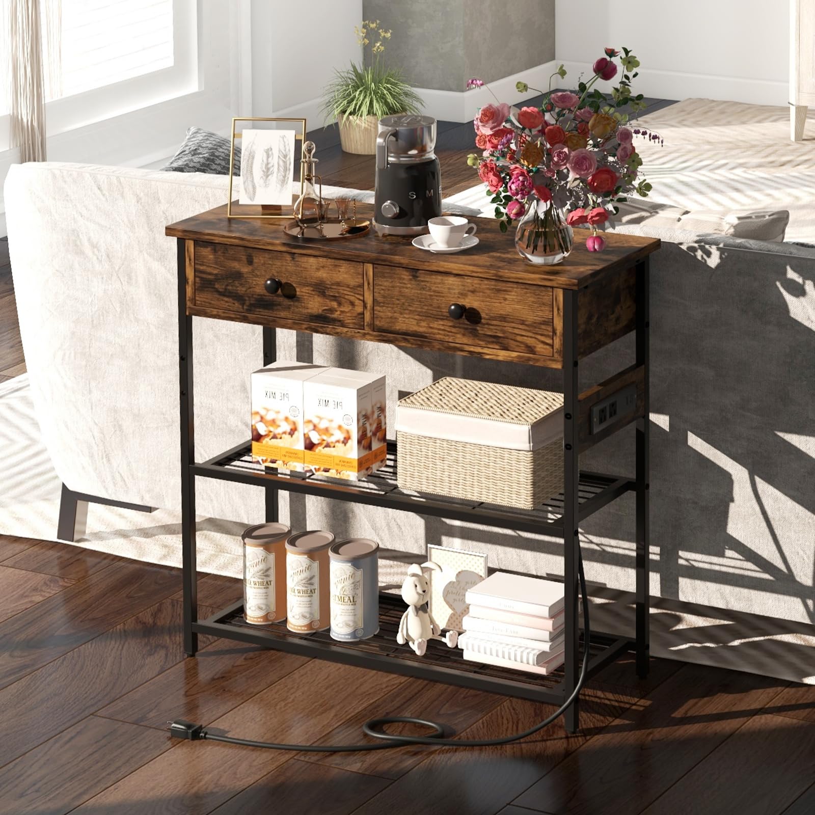 Giantex Console Table with Outlets - 3-Tier Entryway Table w/USB Ports, 2 Storage Drawers