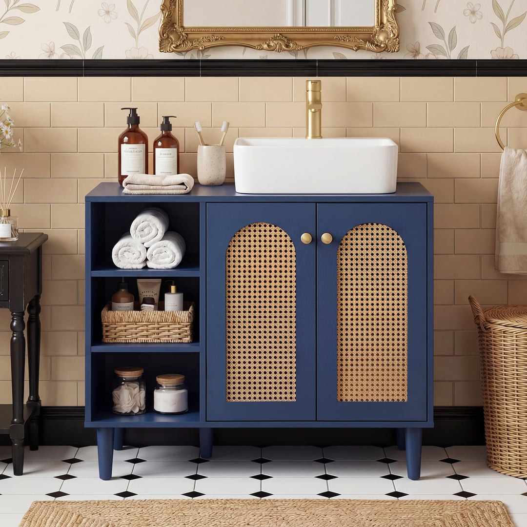 Giantex 36" Bathroom Under Sink Storage Cabinet with 2 Rattan Doors